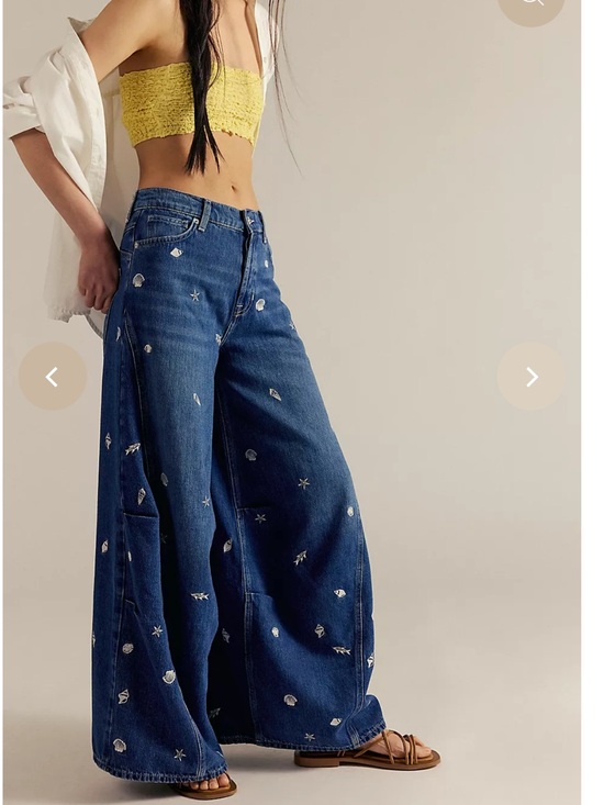 We The Free Denim - Free People Westward Under The Sea Embroidered Jeans 26 Rare Wide Leg